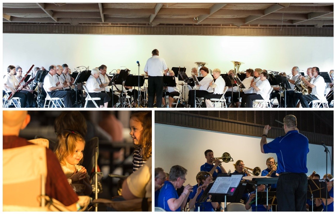 Collage of local bands playing and Fort Hunt visitors enjoying concert