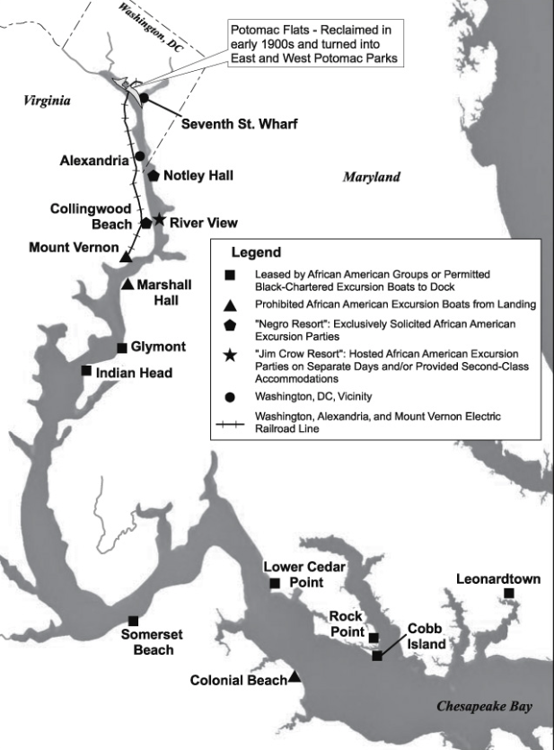Map of Excursion Destinations on the Potomac circa 1900 (Courtesy of Andrew Kahrl, designed by Gordie Thompson)