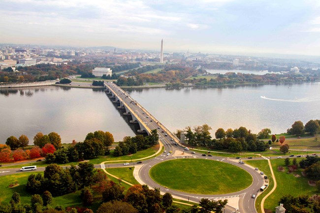 A birds-eye-view of Memorial Bridge crossing the Potomac River