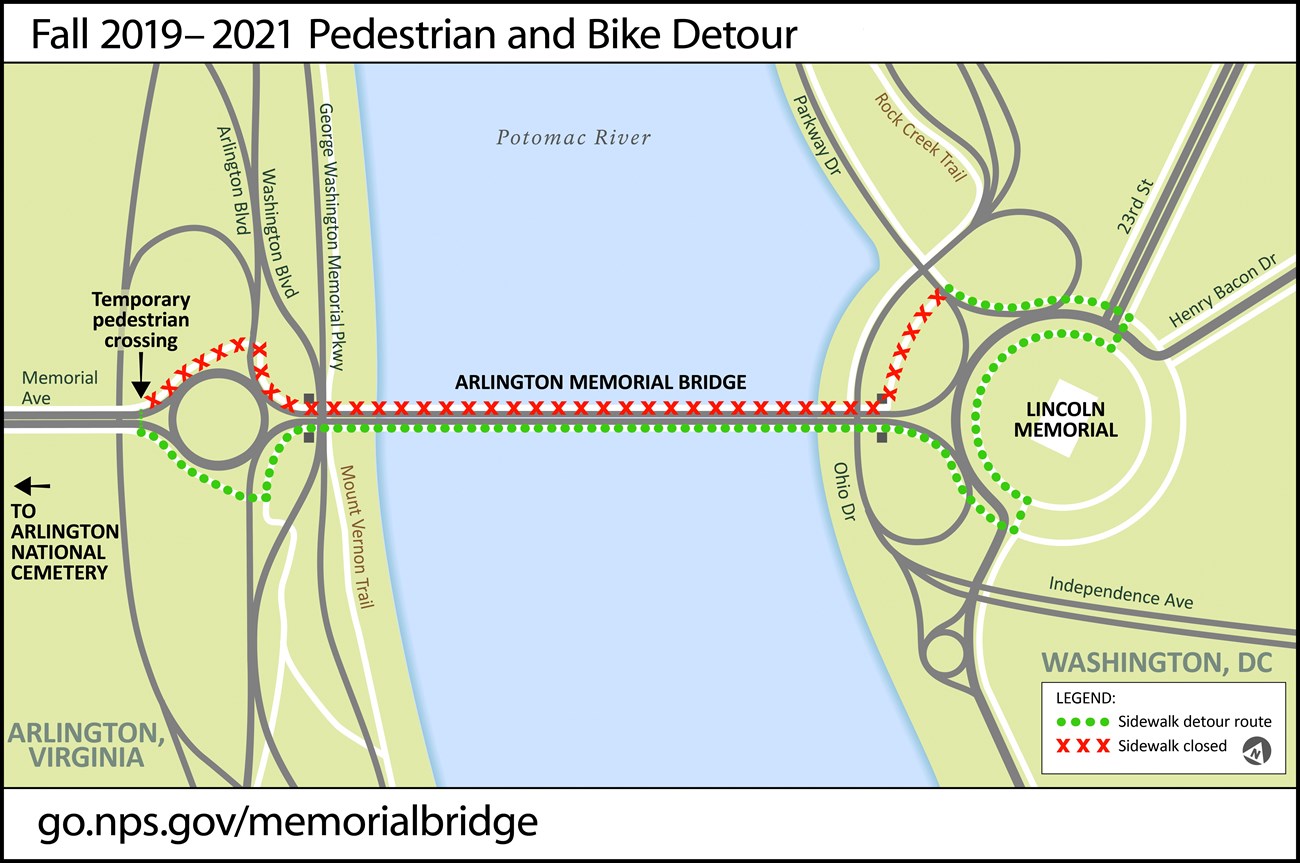 Map showing that southside of Arlington Memorial Bridge is open while rehabilitation project is underway.