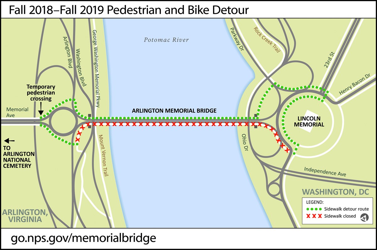 Detour route for pedestrians and bicyclists using Arlington Memorial Bridge. Pedestrians and bicyclists can detour using the north sidewalk on Arlington Memorial Bridge