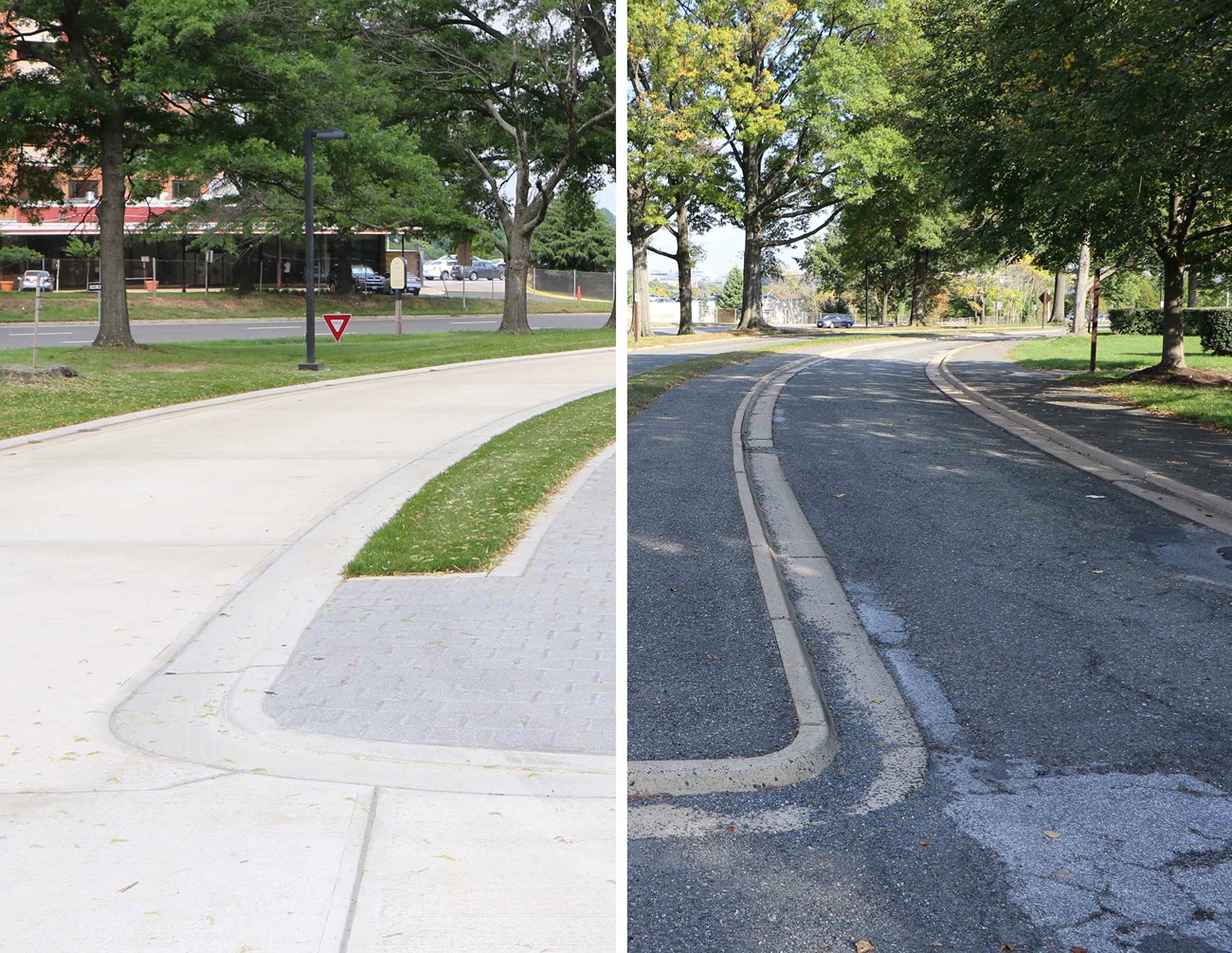 Left side shows the new concrete road and the right shows the old asphalt road.