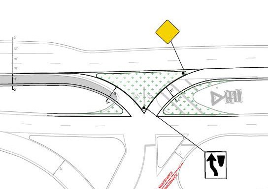 Diagram of proposed changes to road lane configuration at Belle Haven Road showing proposed addition of  new infrastructure to help direct traffic with on the ground lane "channels."