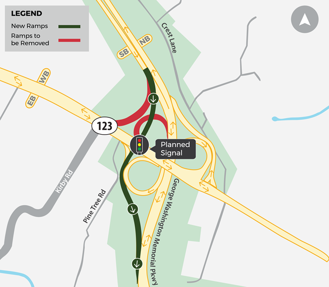 Aerial view of Route 123 and the proposed GWMP Interchange.