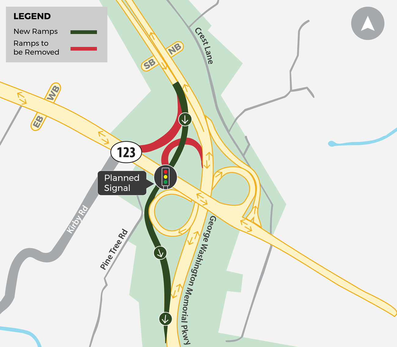 Aerial view of Route 123 and the proposed GWMP Interchange Option One. The curved sections in purple would be removed and the proposed configuration is in blue and is more linear. The Limits of Disturbance boundary is a dashed yellow line.