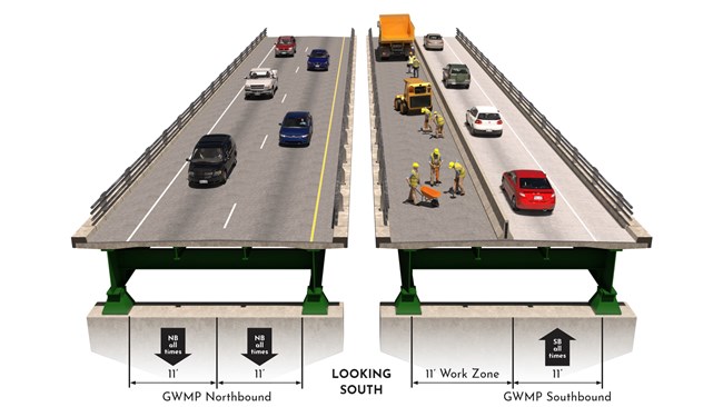 Reversible Lane Bridges A graphic depicts construction workers in the Southbound lane, while traffic moves in three lanes (two nouthbound and one sorthbound) next to it.