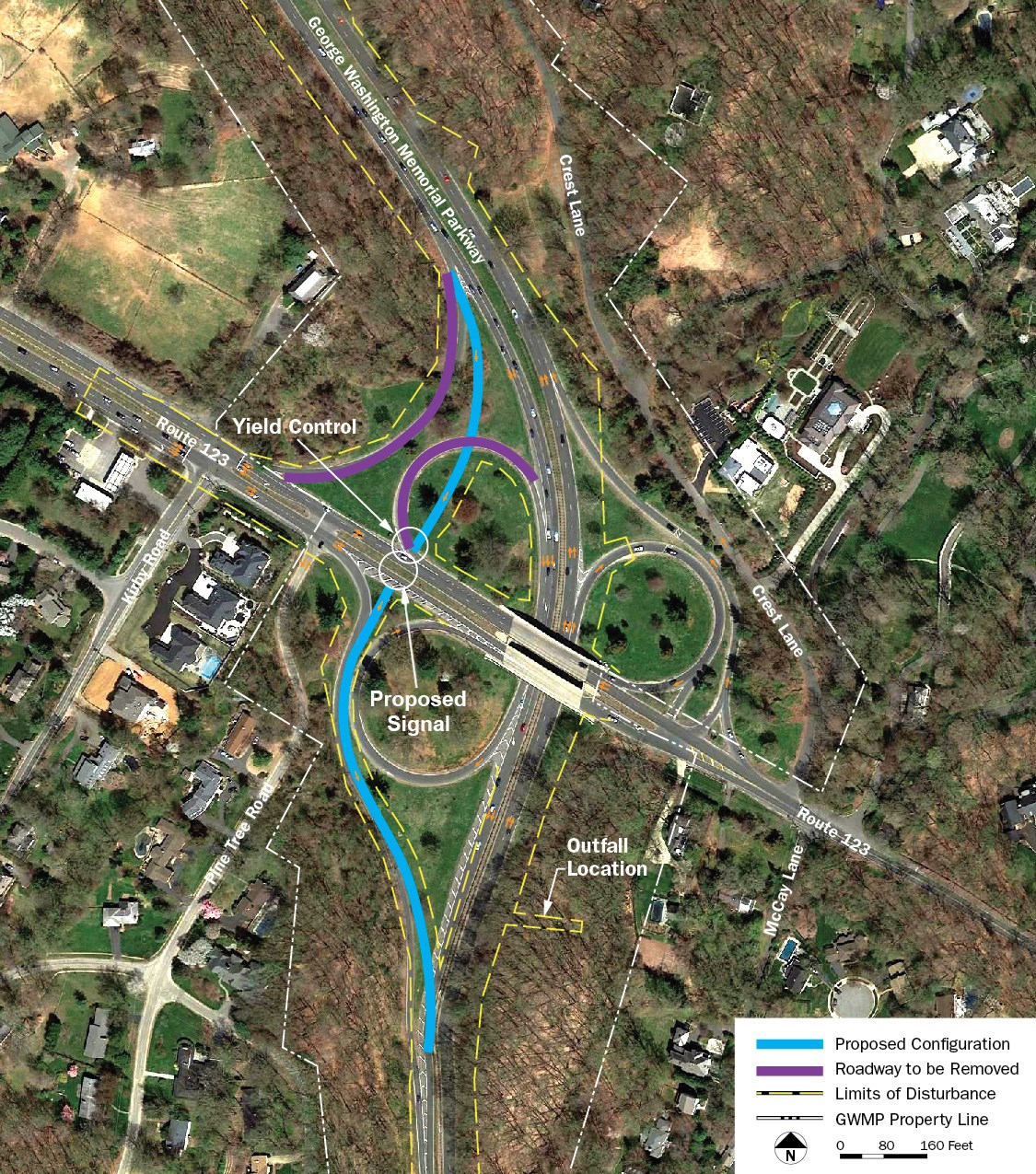 Aerial view of Route 123 and the proposed GWMP Interchange Option One. The curved sections in purple would be removed and the proposed configuration is in blue and is more linear. The Limits of Disturbance boundary is a dashed yellow line.