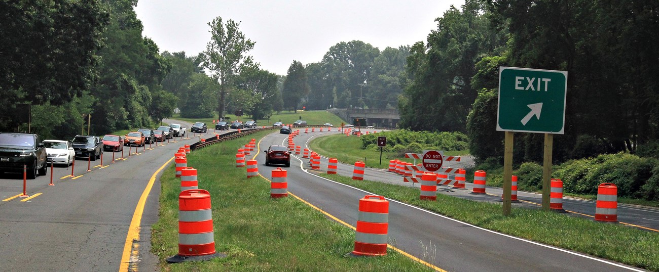 A parkway with work crews getting ready