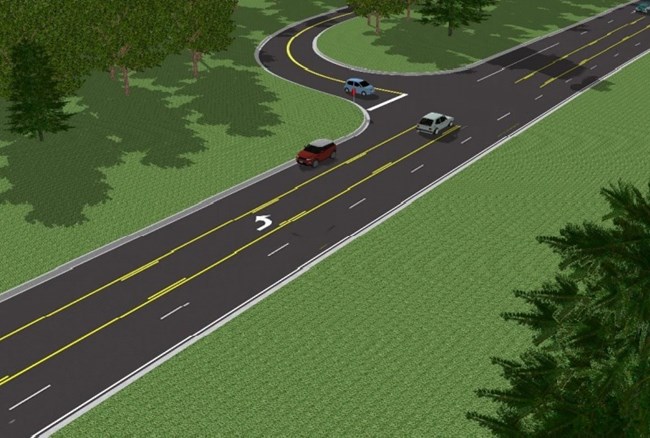 Computer rendering of intersection of GWMP at Morningside Lane. Shows three travel lanes with two northbound and one southbound with a turn-lane in the center of the road.