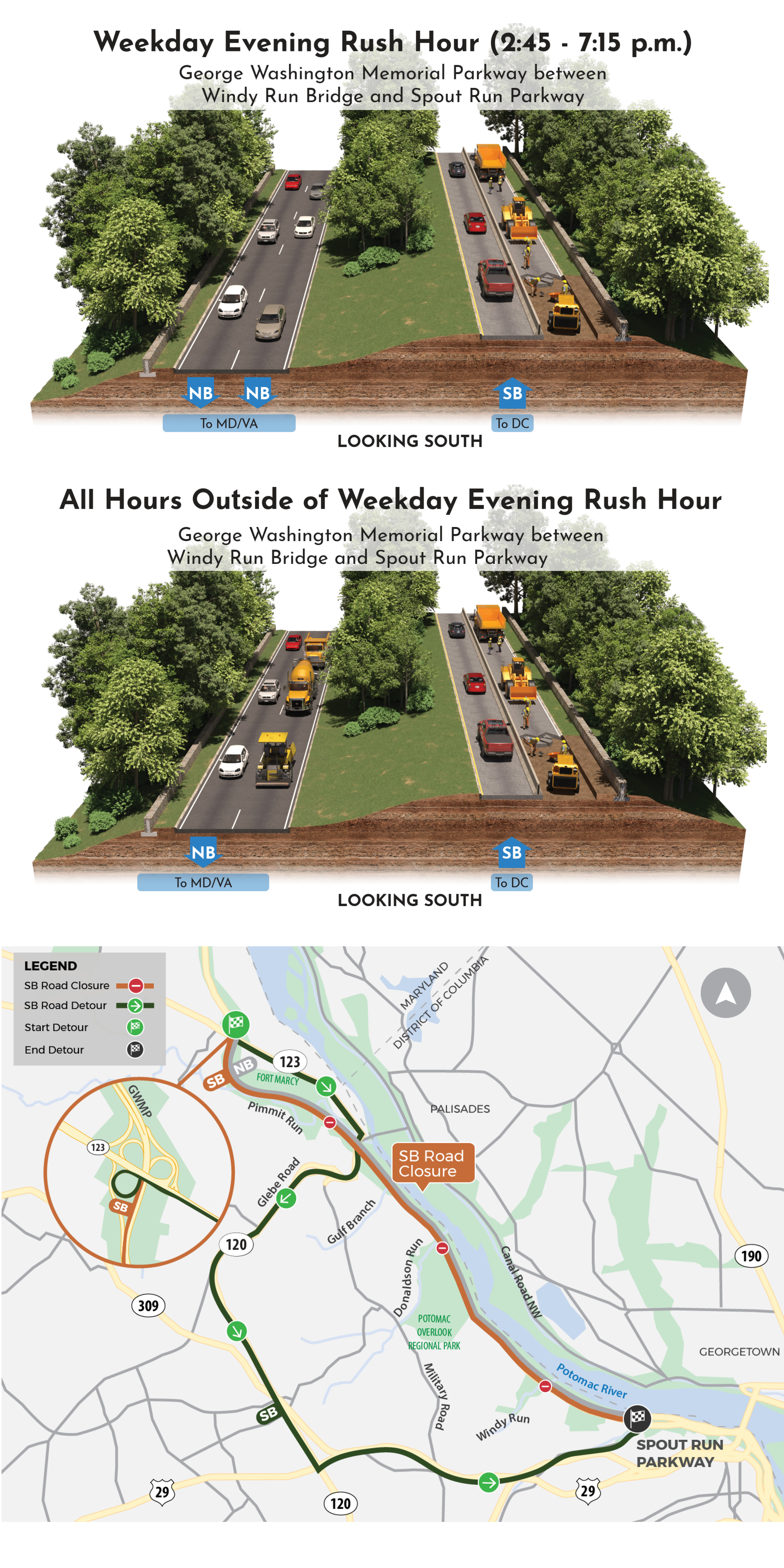 Two graphics depicting the lane closures on the North Parkway and a detour map.