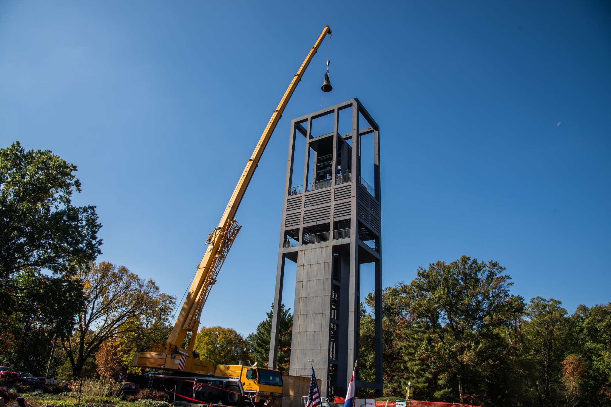 A bell is removed from atop the Netherlands Carillon by a crane.