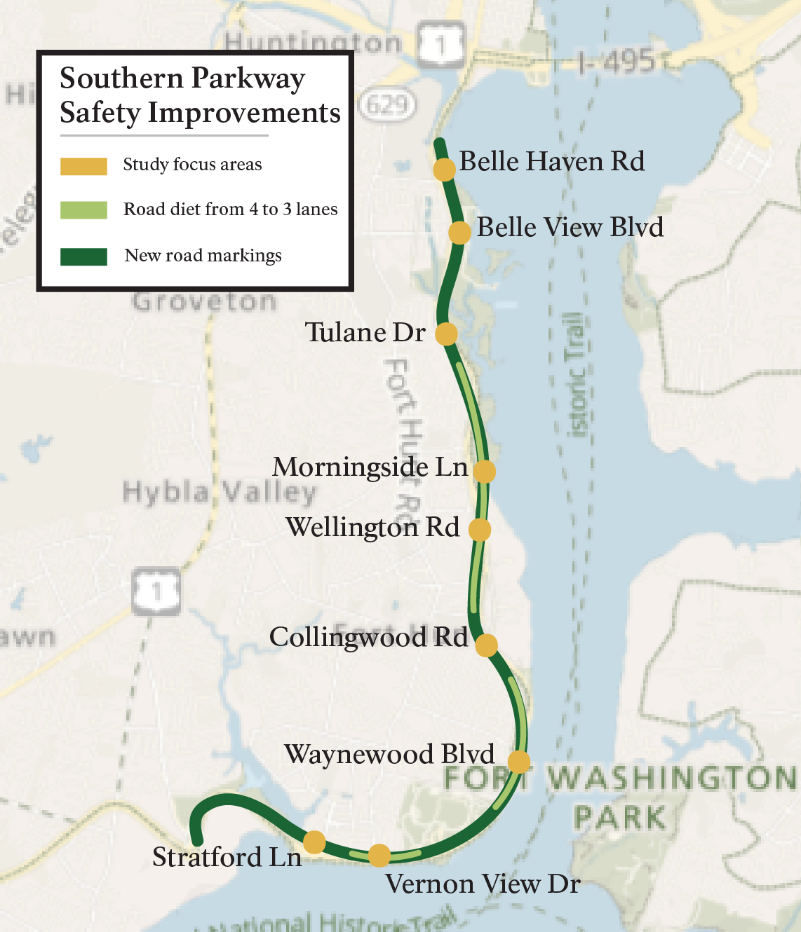 Map of improvements to be made along southern part of George Washington Memorial Parkway