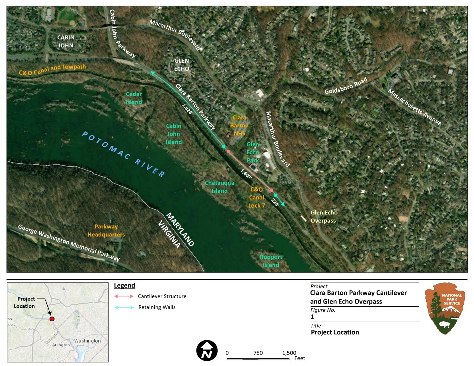 Map showing Clara Barton Parkway along the Potomac River. A stretch of the road through Glen Echo indicates 1,824 feet of retaining walls, 1,409 feet of cantilever structure, and another 224 feet of retaining wall.