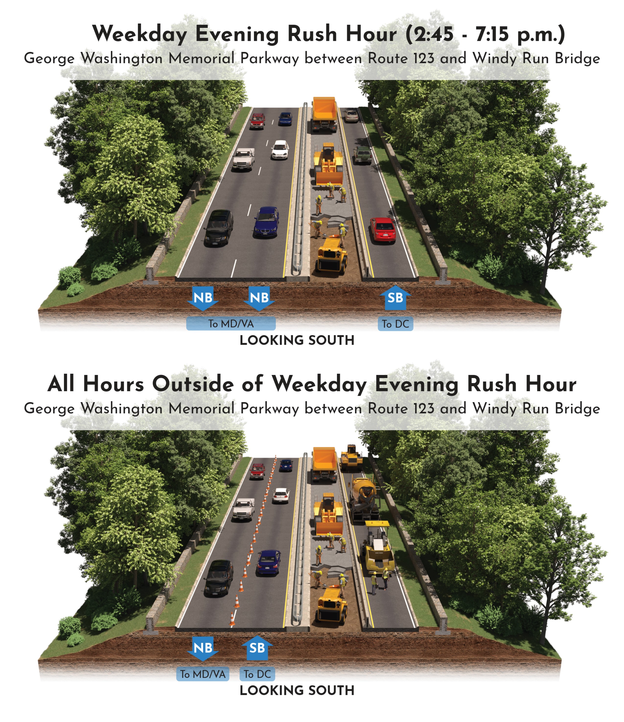 Route 123 to Windy Run Bridge A graphic depicting work occurring in the left most lane while three other lanes have traffic.