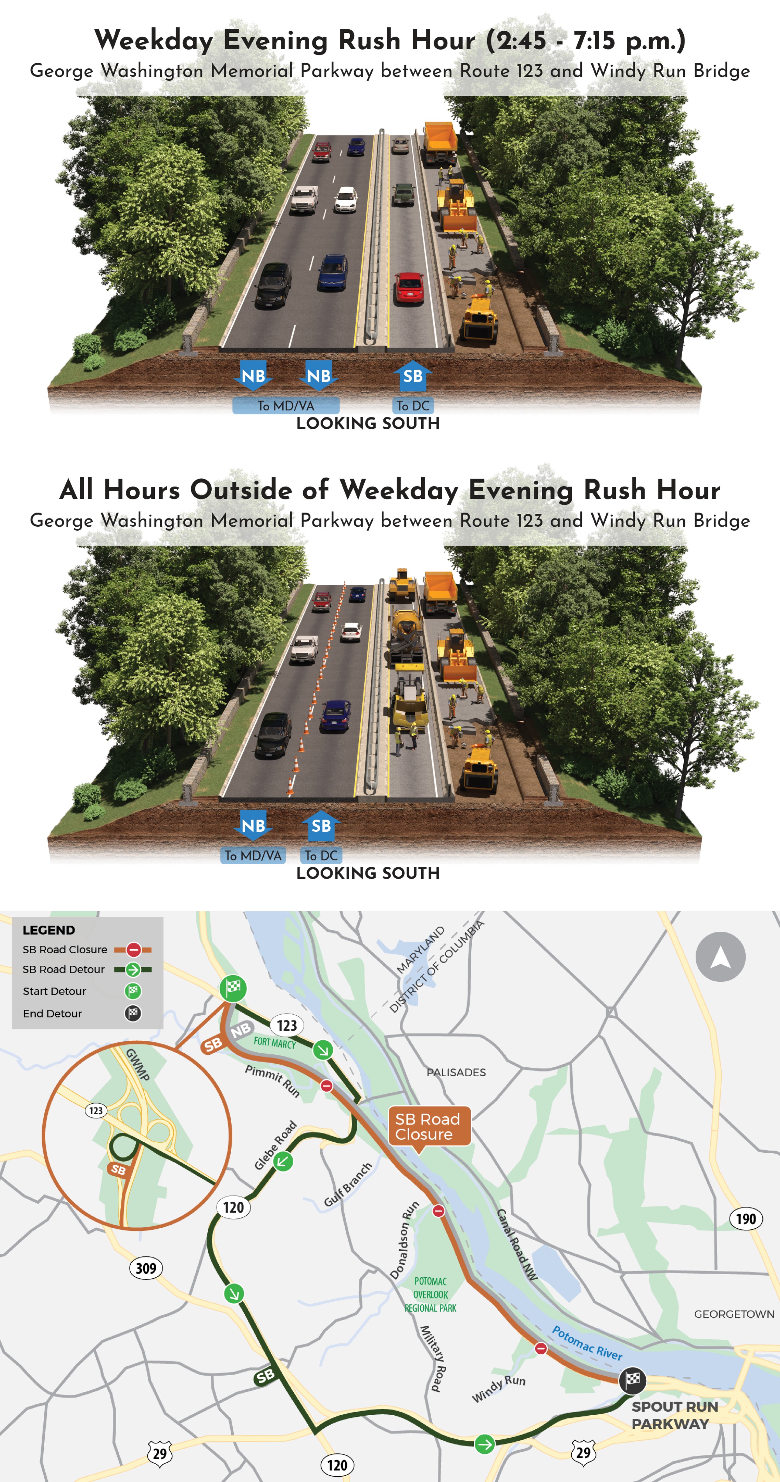 Graphic_N_Pkwy_1_2025 Graphics showing how the lanes will be set up and a detour map.