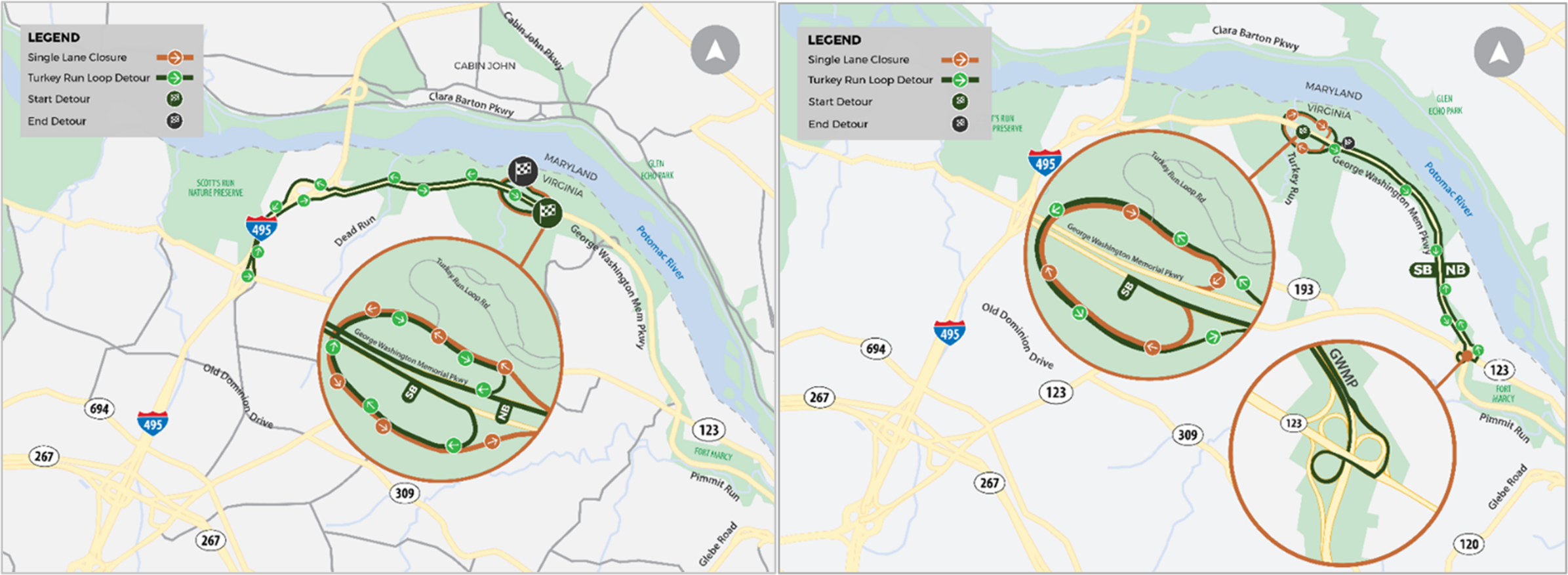 Left: Detour map for the closure of the outer loop of Turkey Run Loop Road. Right: Detour map for the closure of the inner loop of Turkey Run Loop Road. National Park Service.
