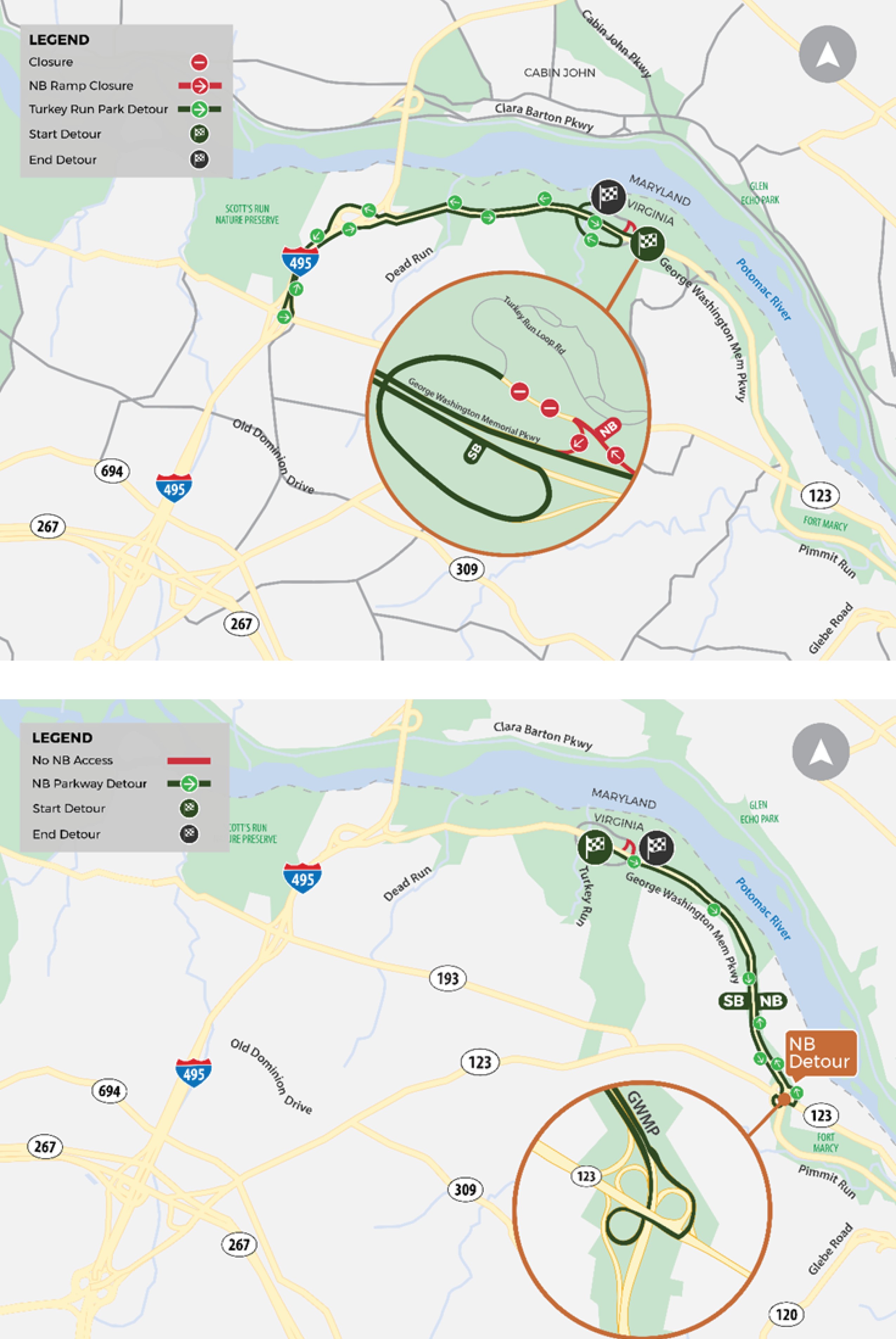 Map showing detour for Turkey Run Park
