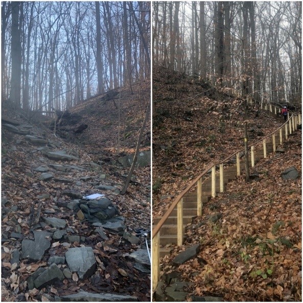 A before after image of a rocky gorge and a new timber staircase