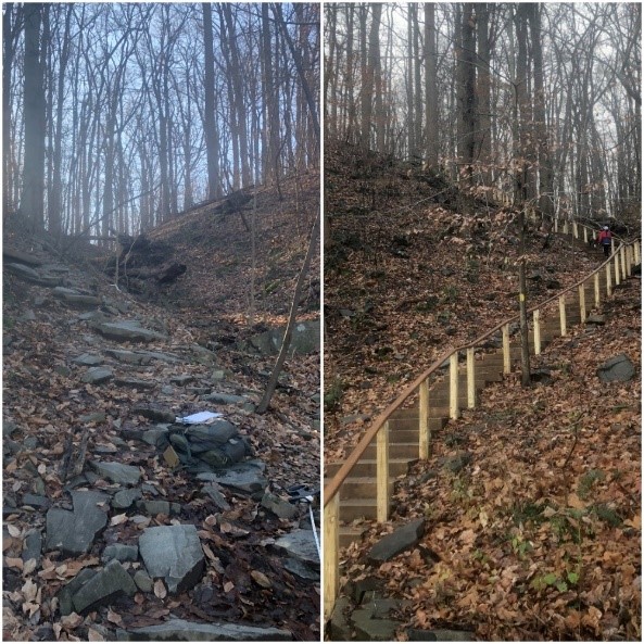 Turkey Run Staircase A before after image of a rocky gorge and a new timber staircase