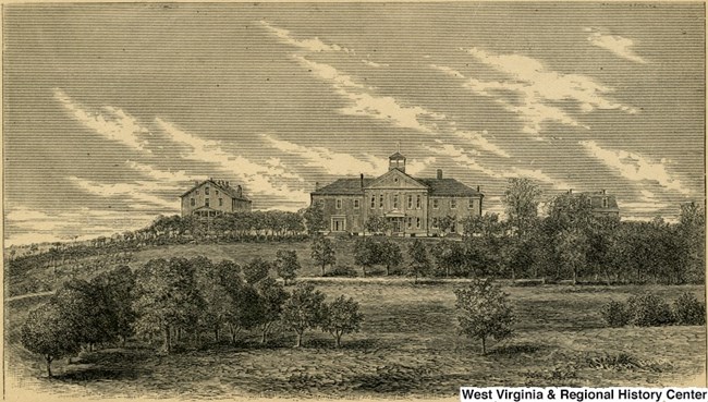 engraving of the Storer College landscape, including three buildings upon a ridge