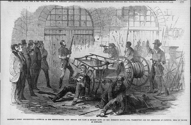Interior of the Engine House during John Brown's Raid sketch of the raiders and hostages inside of the fire engine house during John Brown's Raid