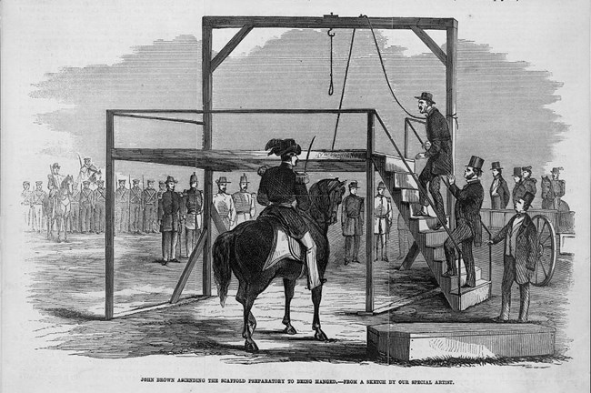 John Brown ascending the scaffold preparatory to being hanged sketch of John Brown walking up steps to scaffold
