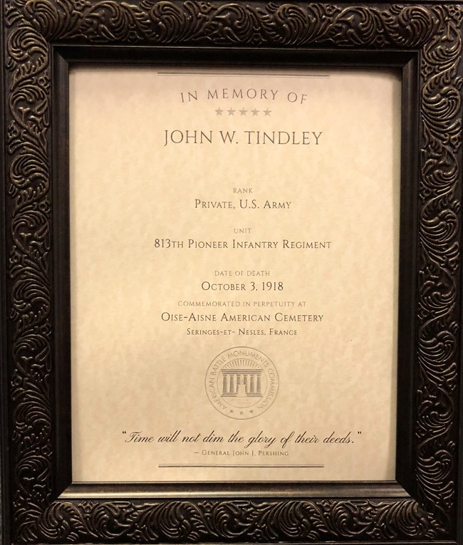framed certificate from the American Battle Monuments Commission, documenting John W. Tindley's death