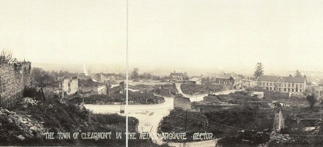 black and white image of a town in France during World War I