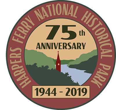 logo stating Harpers Ferry National Historical Park, 75th anniversary, 1944-2019