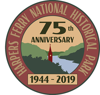 logo stating Harpers Ferry National Historical Park, 75th anniversary, 1944-2019