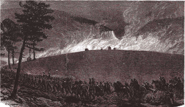 Shadowed military figures advance in front of a steep hill, with mountains and clouds in the distance