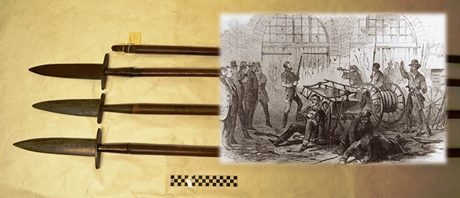 John Brown Pike; Staff from original Pike; Original inscribed Pike; Early 20th Century reproduction Pike souvenir; Illustration of the interior of the Armory Fire Engine House during John Brown's Raid