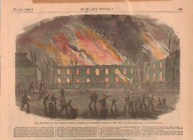 Harpers Weekly illustration of 1861 Harpers Ferry Arsenal fire
