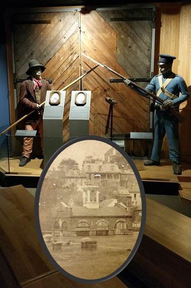 Original photograph of John Brown’s Fort during the 1889 flood and a photo of the original Fort doors that survived four major floods as seen in the John Brown Museum