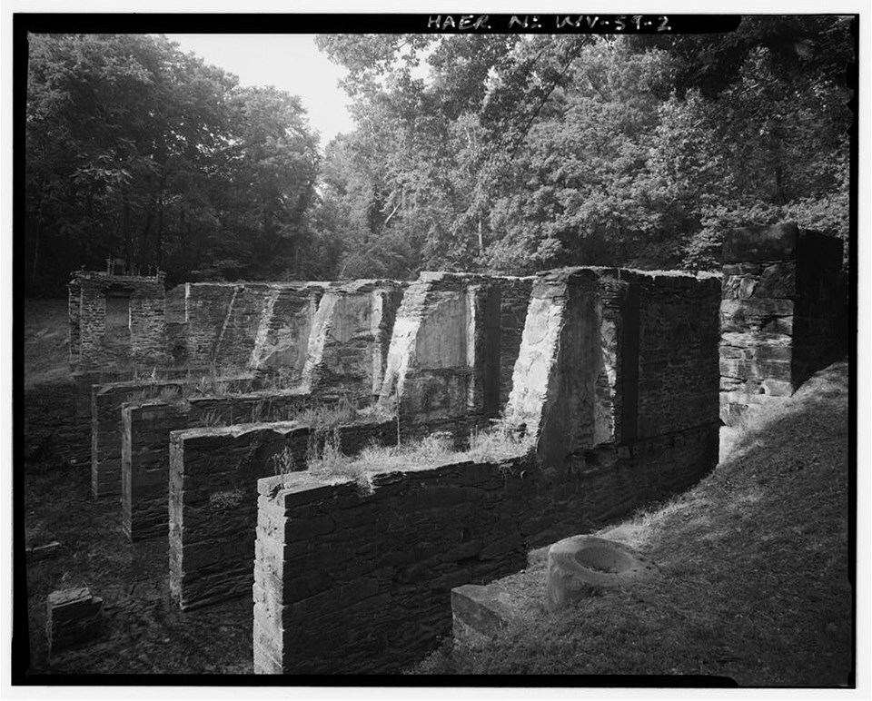 black and white photo of the stone foundation ruins of the Shenandoah Pulp Mill