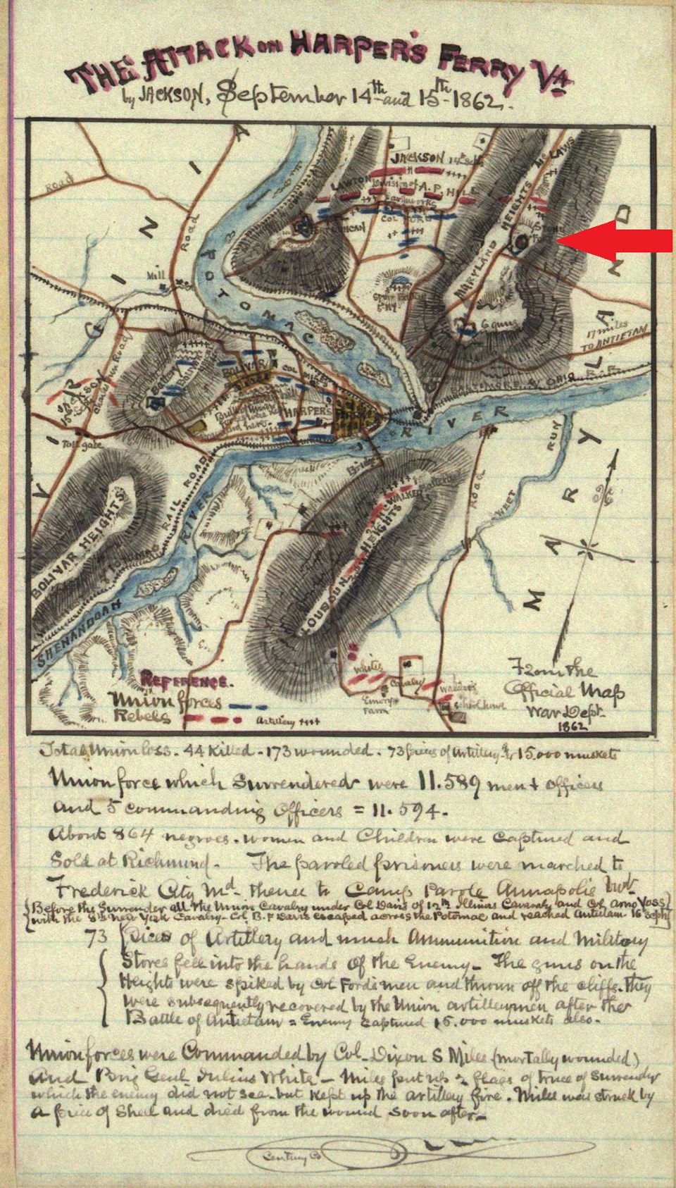 hand-drawn map from 1862 showing Harpers Ferry and the Potomac and Shenandoah rivers, with writing on the bottom detailing the Sept 1862 Civil War battle