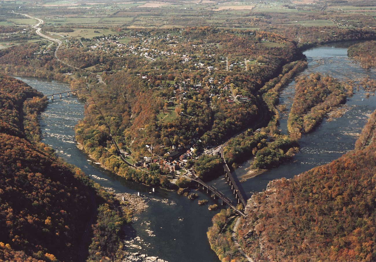 Aerial view of Harpers Ferry WV looking west, Shenandoah and Potomac rivers