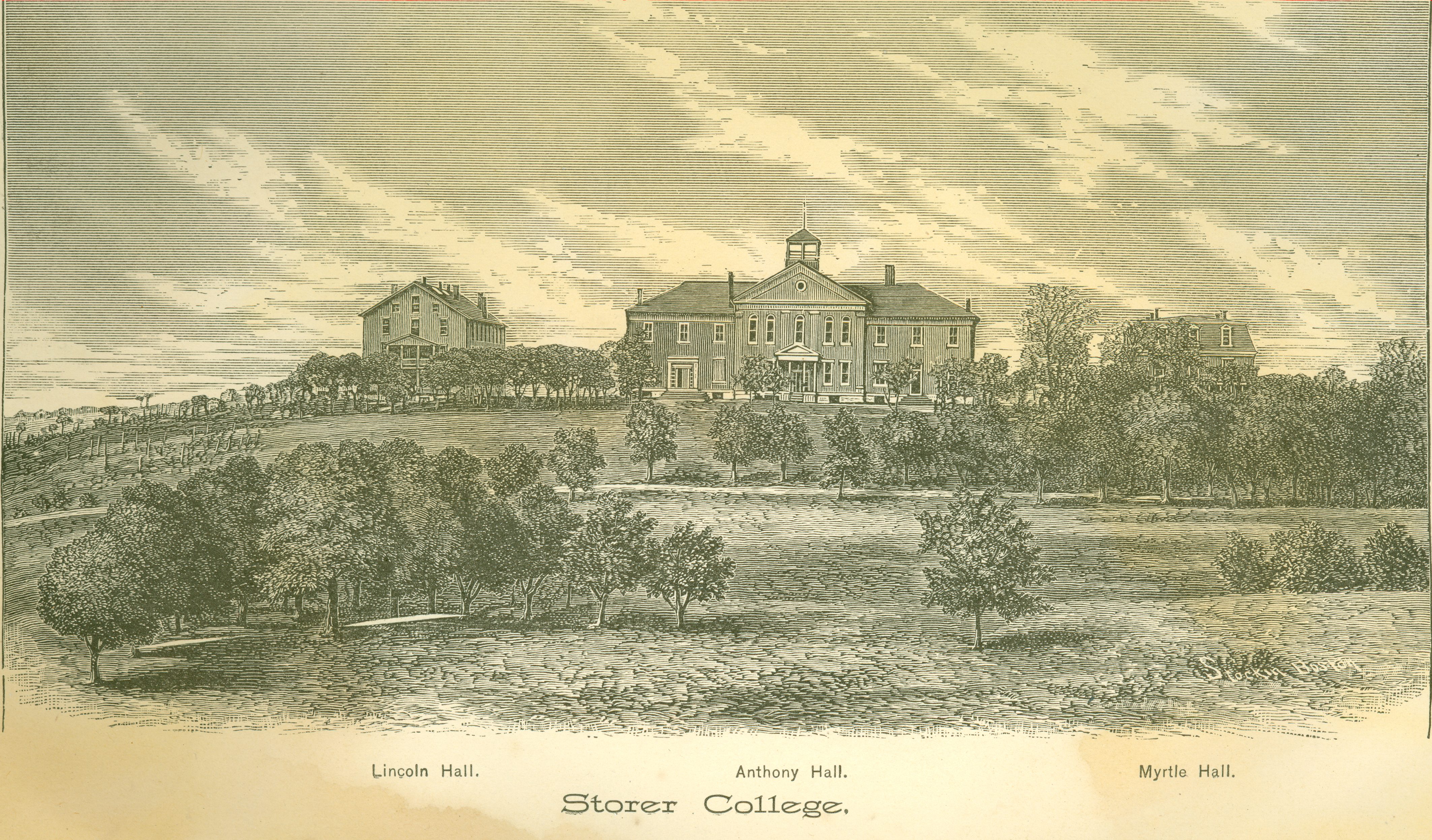 engraving of the Storer College landscape, including three buildings upon a ridge