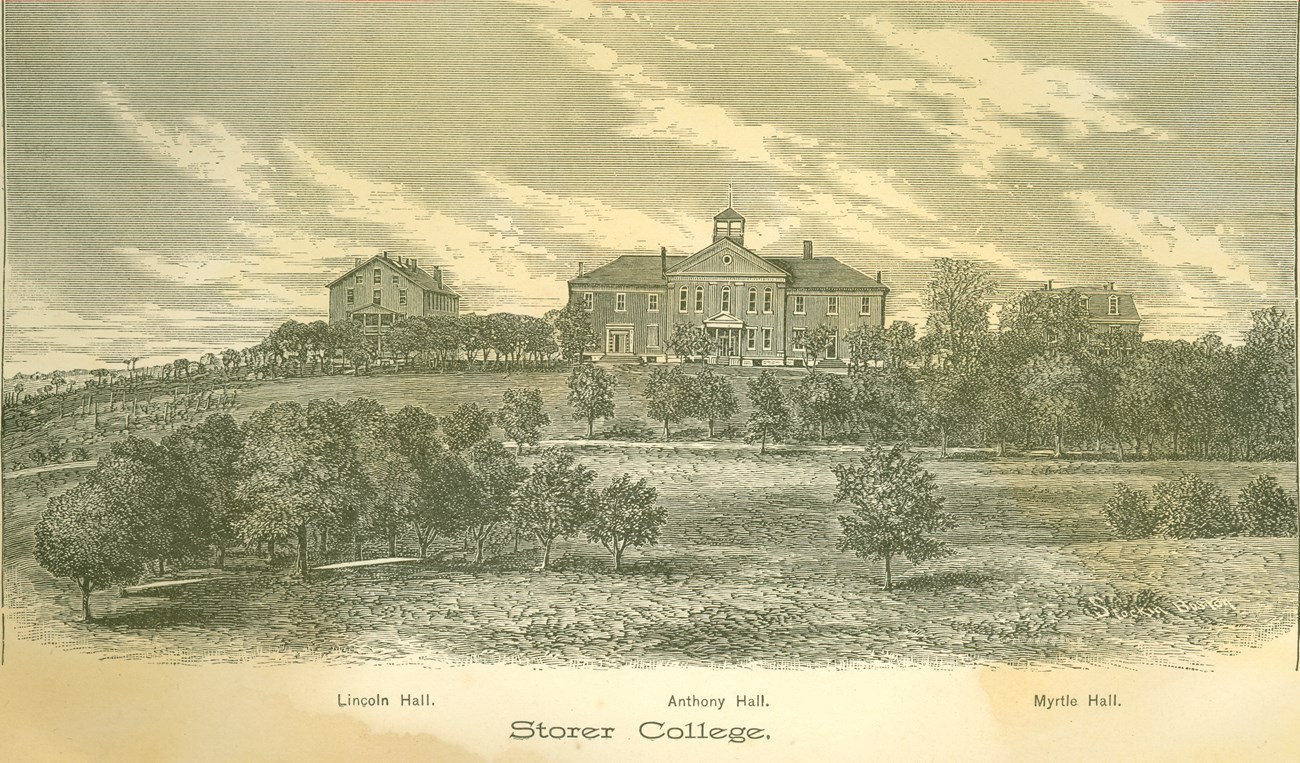 engraving of the Storer College landscape, including three buildings upon a ridge