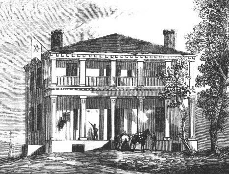 Engraving of two-story house with pillared double porches