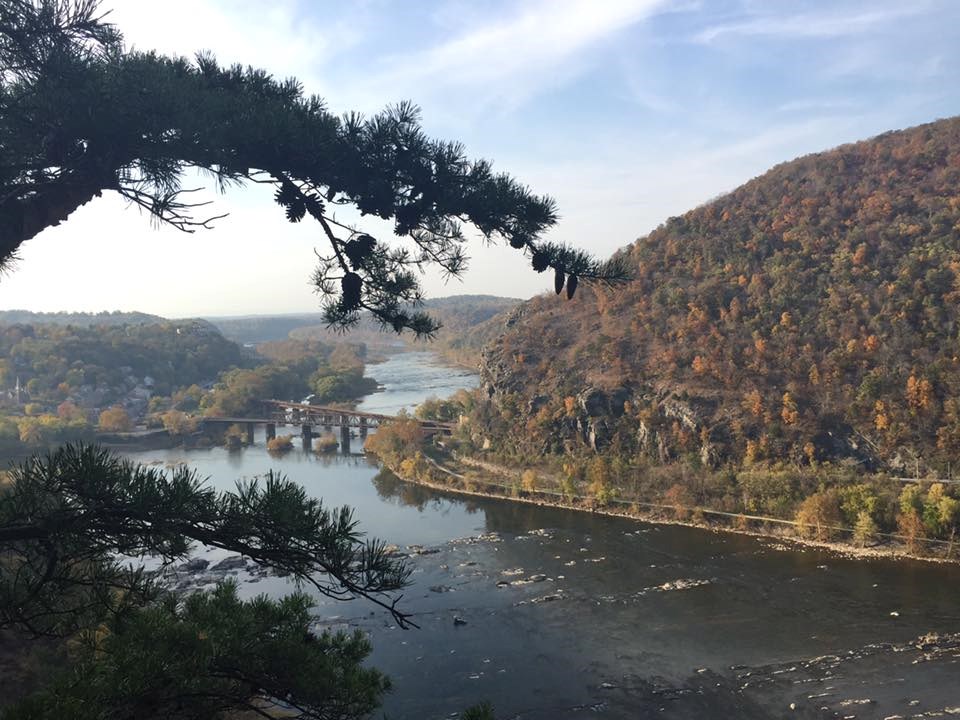 Overlook view of a river surrounded by rocky, forested hills