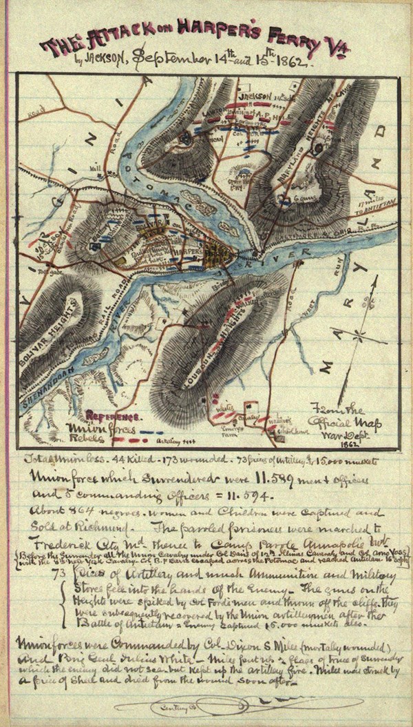 historic map, showing the positions during the 1862 Battle of Harpers Ferry and written notes at the bottom