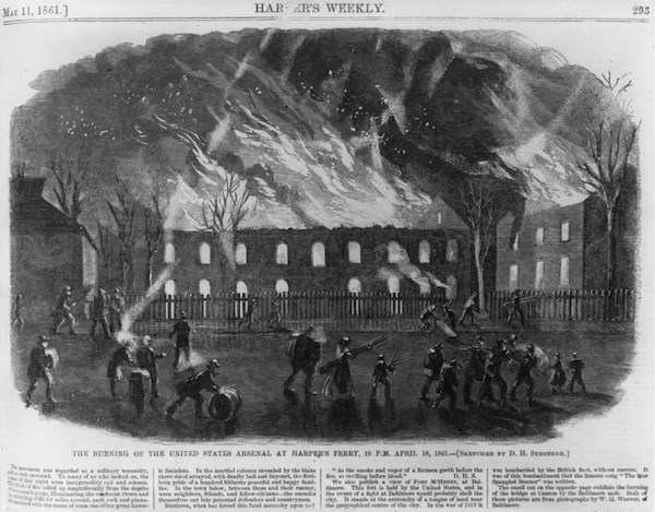sketch from an 1861 newspaper showing the arsenal building on fire