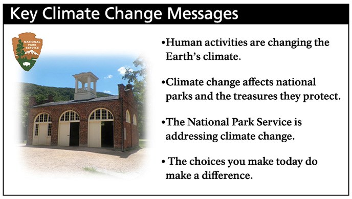Key Climate Change Messages. Human activities are changing Earth’s climate. Climate change affects national parks and the treasures they protect. The National Park Service is addressing climate change. The choices you make today do make a difference.