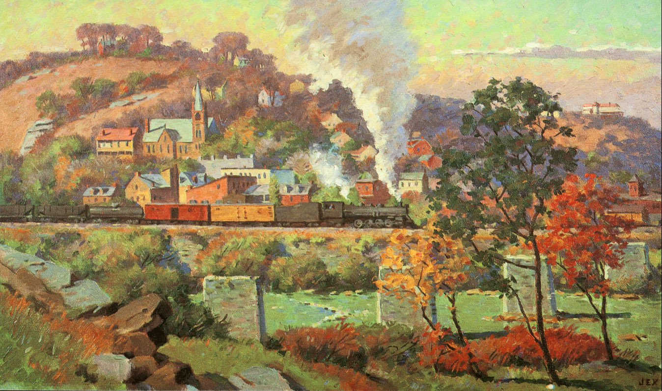 oil painting depicting a train going through Harpers Ferry