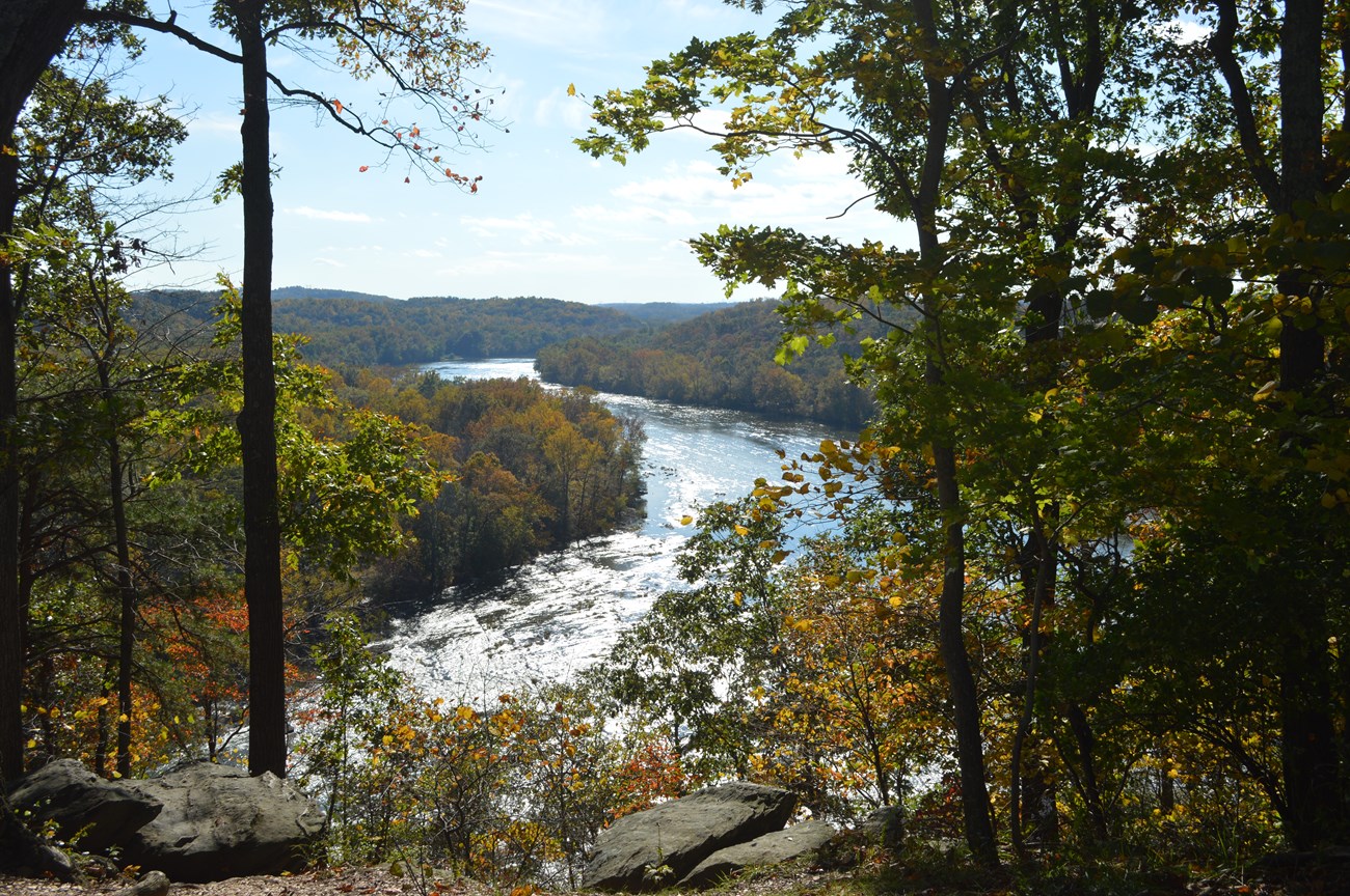 View of Shenandoah River from Murphy Chambers Farm in the fall. Leaves are changing and are green, yellow, and orange in color.