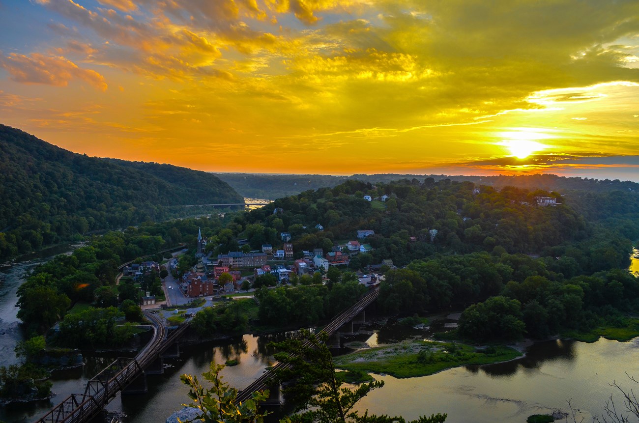 Sunset from Maryland Heights Overlook Trail onto the town of Harpers Ferry.
