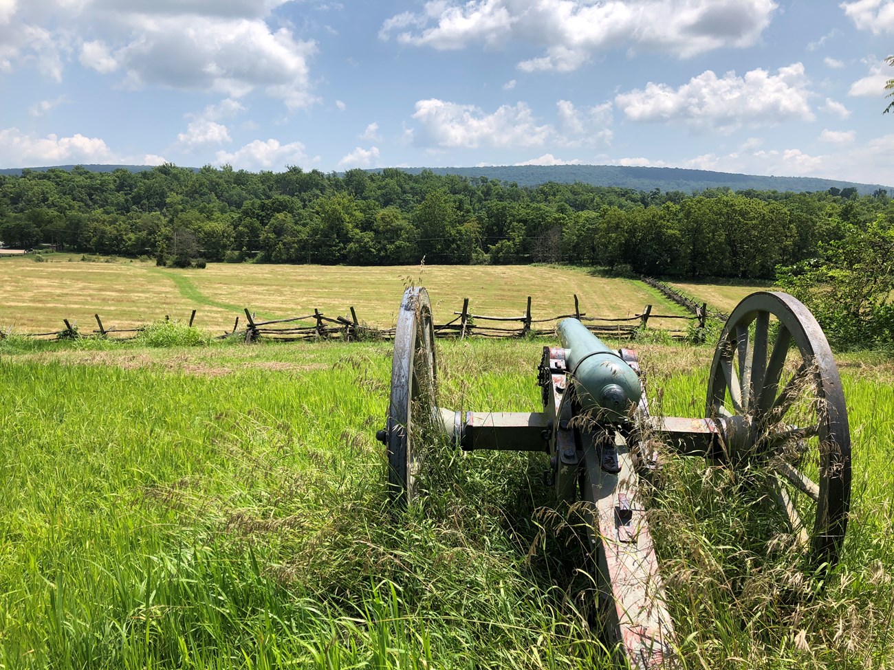 A canon sitting on the right side of the photo pointed away from you into the field at Schoolhouse Ridge South.