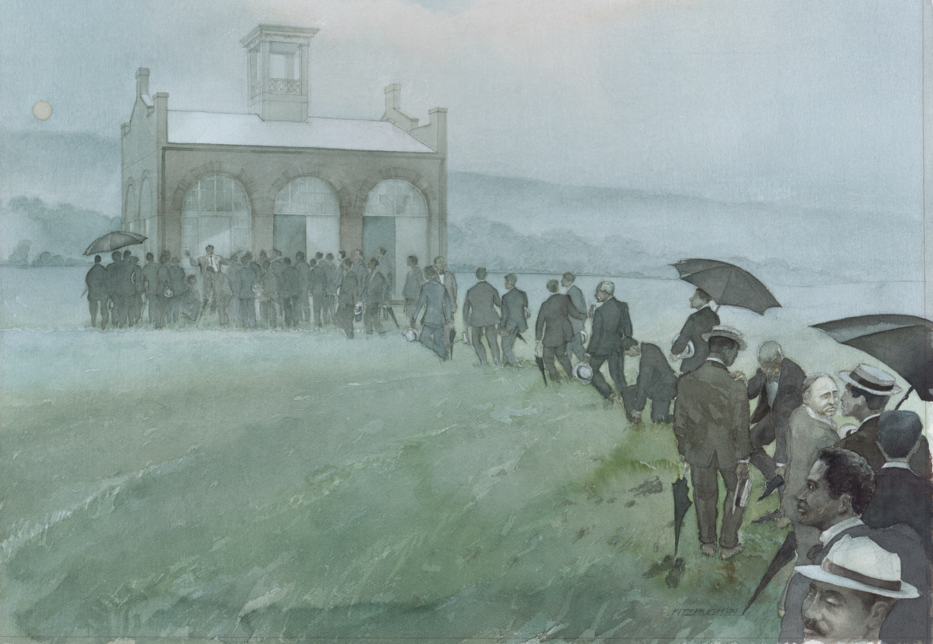 artistic rendition of the Niagara Movement men walking to John Brown's Fort