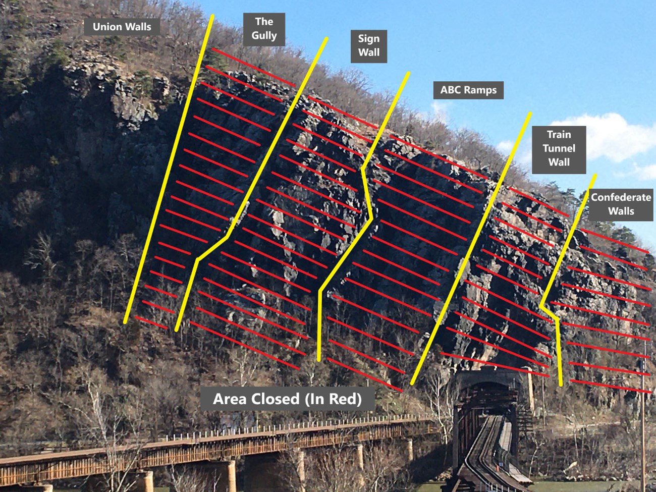 Map of climbing area closures to protect nesting peregrine falcons